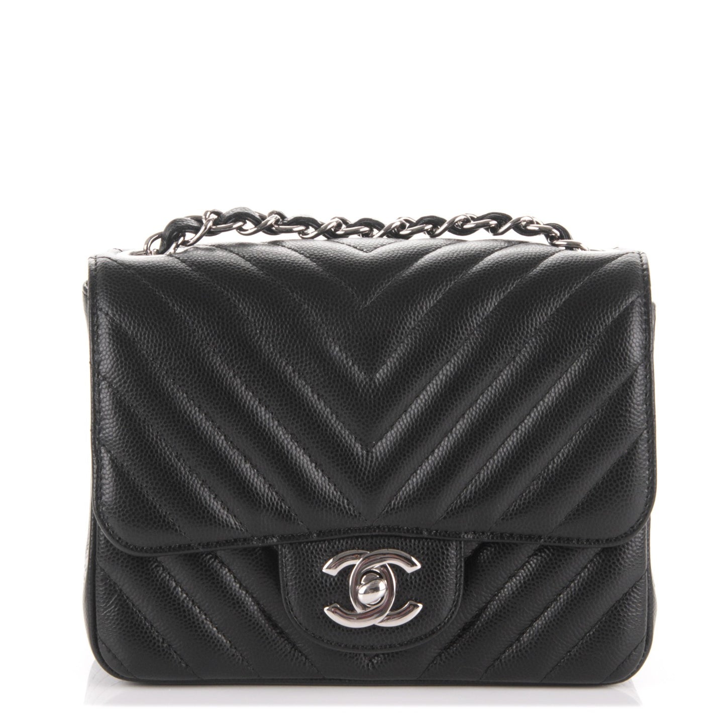 Caviar Chevron Quilted Mini Square Flap Black