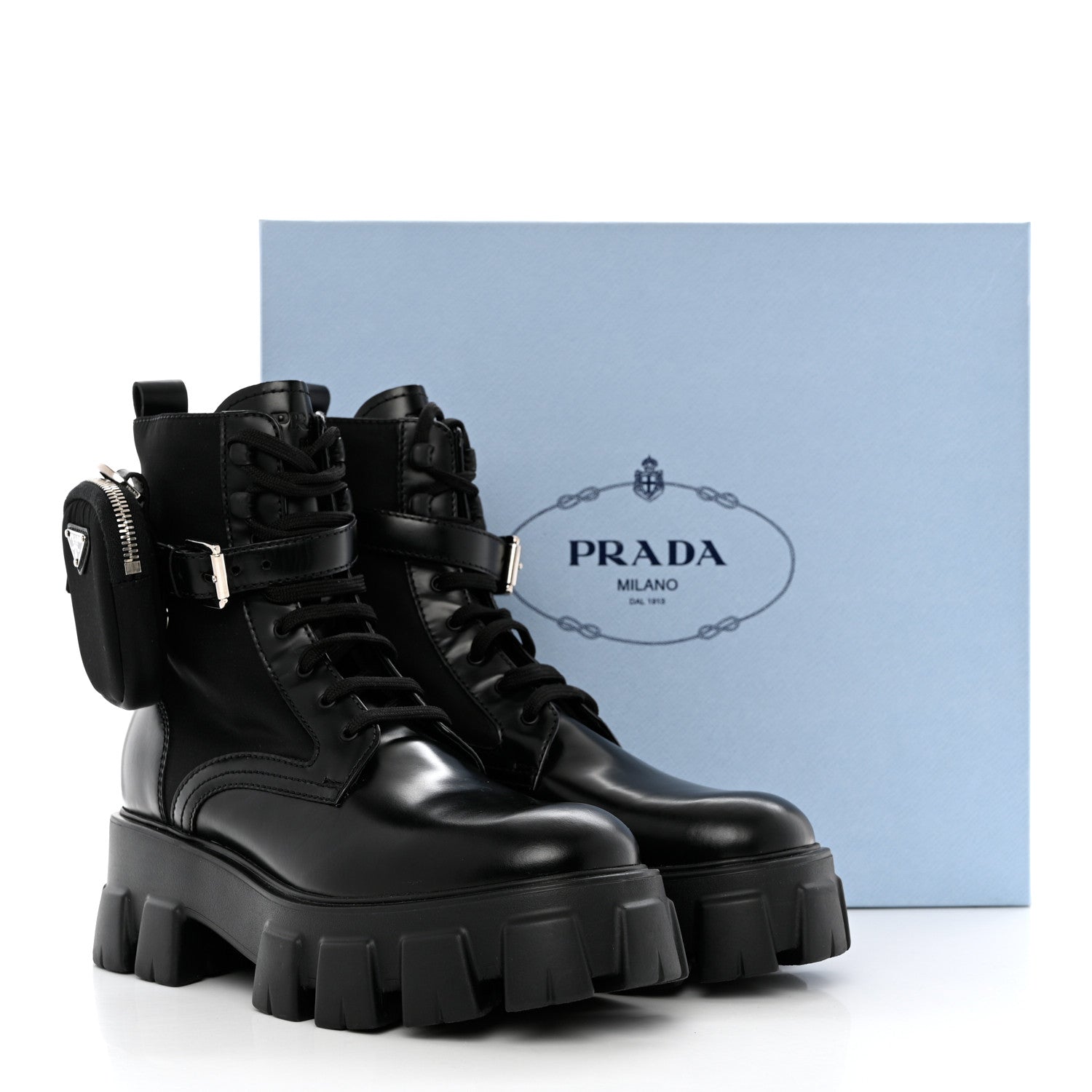 Prada Spazzolato Rois Re-Nylon Metal Triangle Logo Monolith Pouch Pocket 55mm Boots 39.5 Black 9 of 9