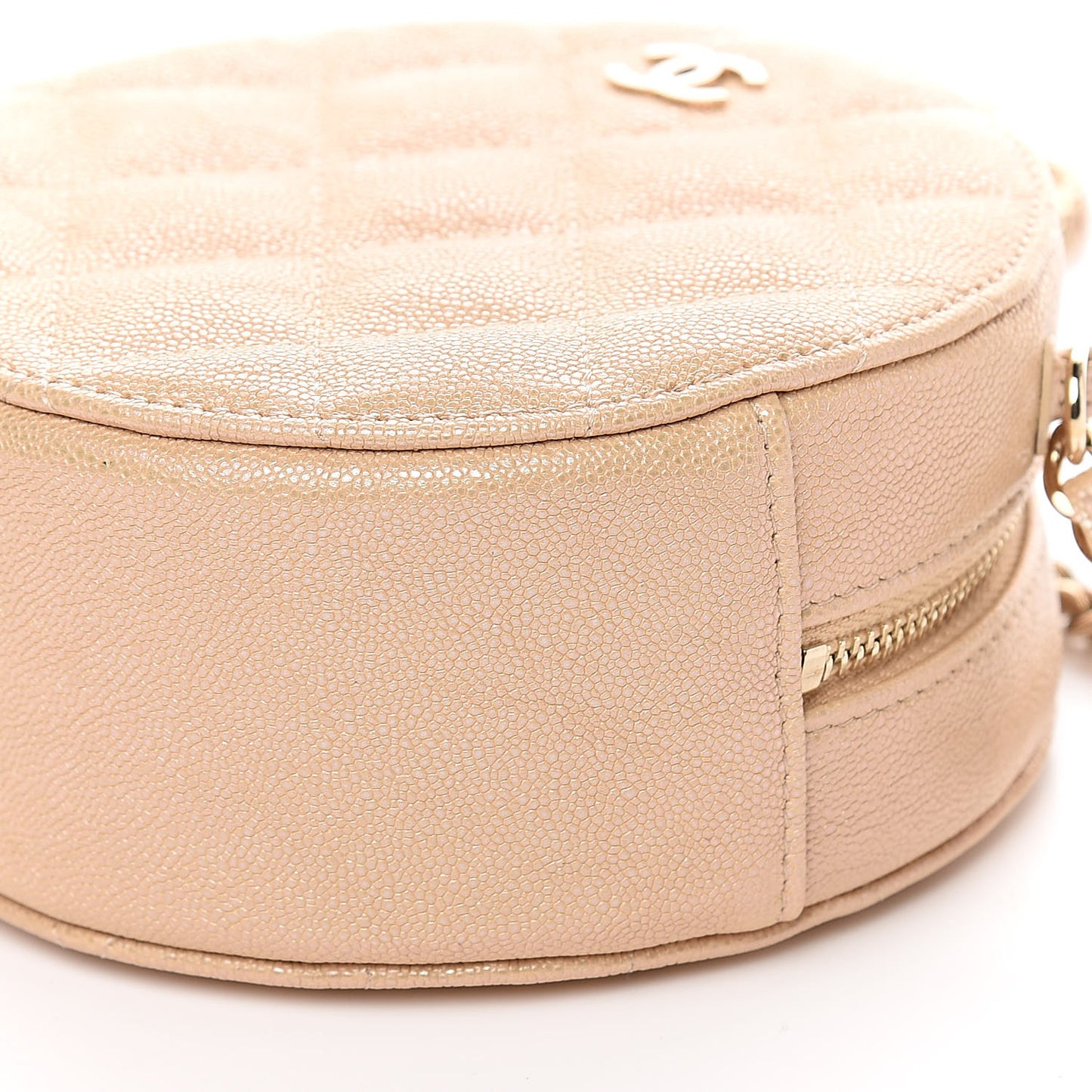 Iridescent Caviar Quilted Round Clutch With Chain Beige
