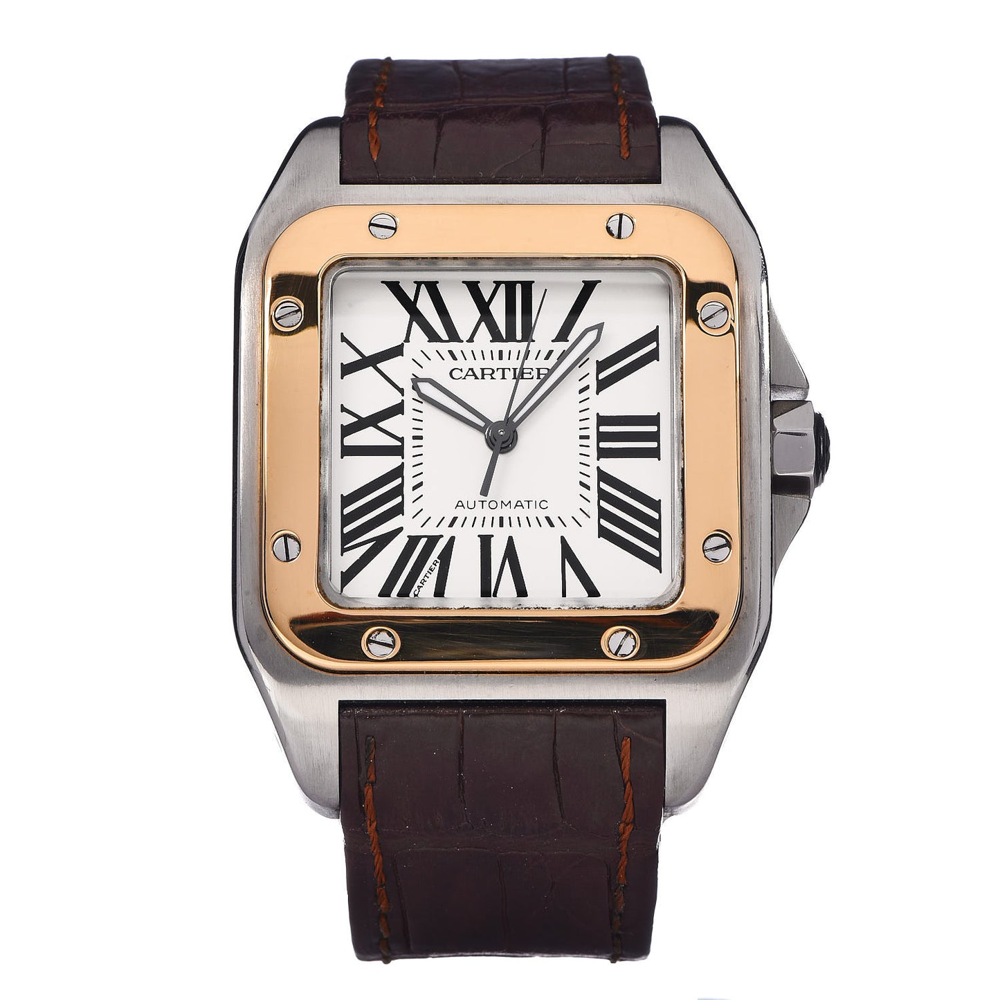 Stainless Steel 18K Yellow Gold Alligator 38mm Santos 100 Automatic Watch Brown