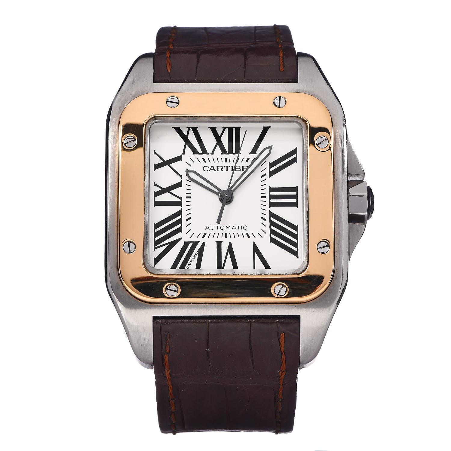 Cartier Stainless Steel 18K Yellow Gold Alligator 38mm Santos 100 Automatic Watch Brown 1 of 8