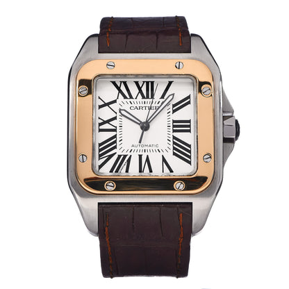 Cartier Stainless Steel 18K Yellow Gold Alligator 38mm Santos 100 Automatic Watch Brown 1 of 8
