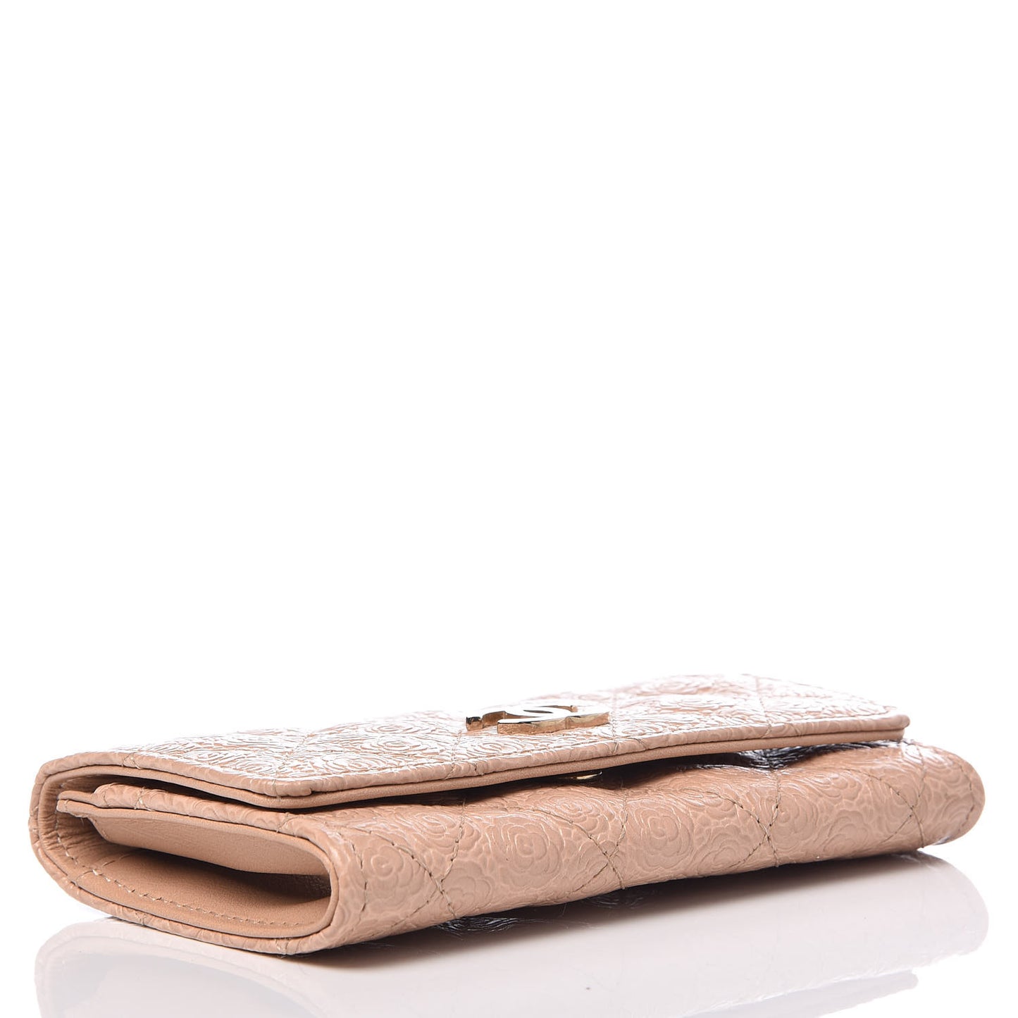 Camellia Calfskin Embossed Quilted Flap Card Holder Beige