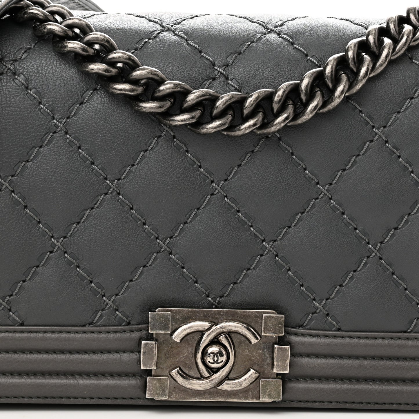 Calfskin Double Stitch Medium Boy Flap Grey