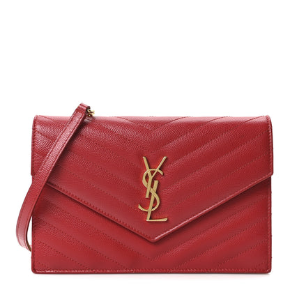 Saint Laurent Grain De Poudre Matelasse Chevron Monogram Envelope Chain Wallet New Red 1 of 10