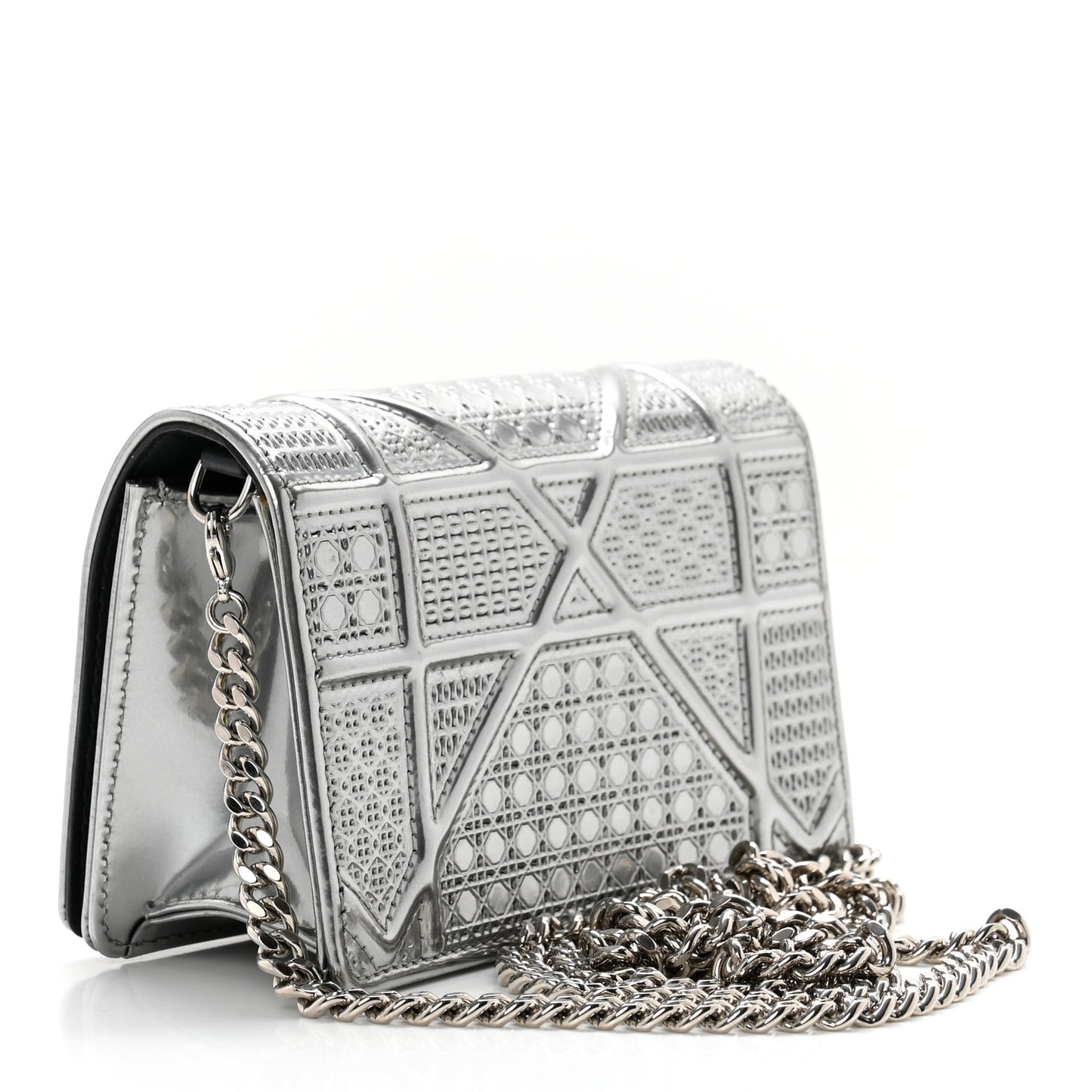 Metallic Patent Micro-Cannage Baby Diorama Flap Bag Silver
