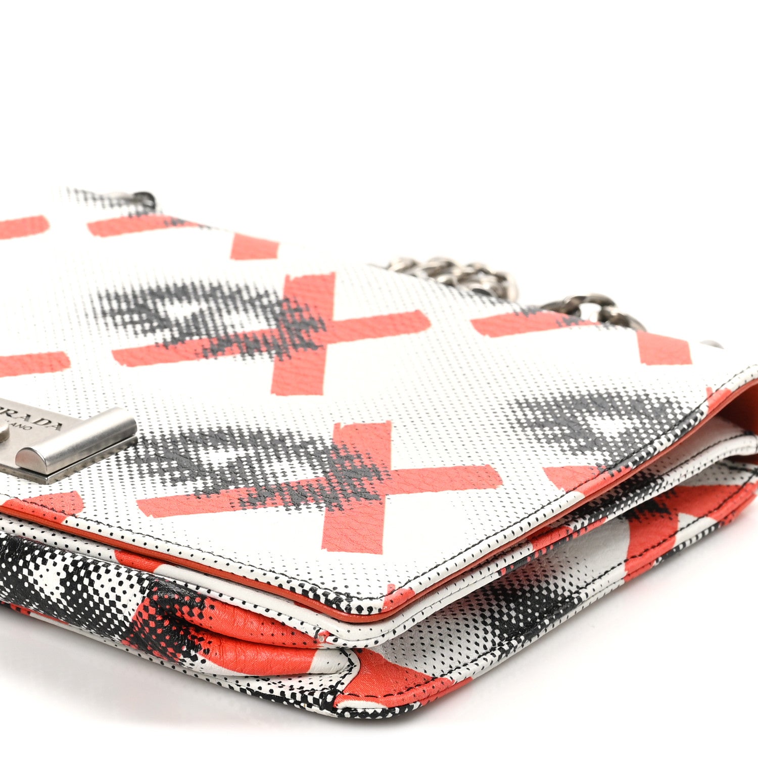 Prada Vitello Daino Eye Inside Lock Flap Chain Shoulder Bag Bianco Arancio 9 of 9