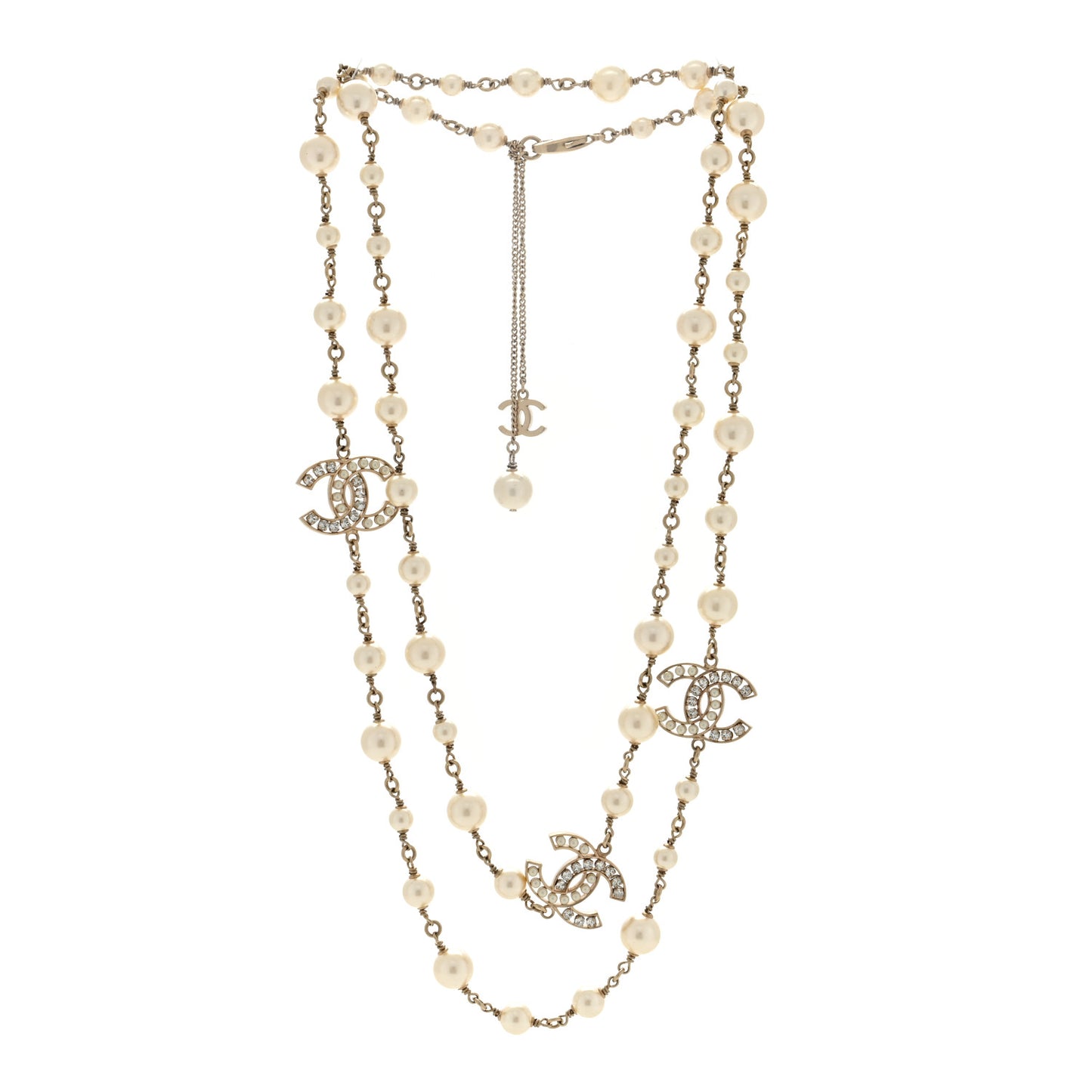 Crystal Pearl CC Long Necklace Light Gold