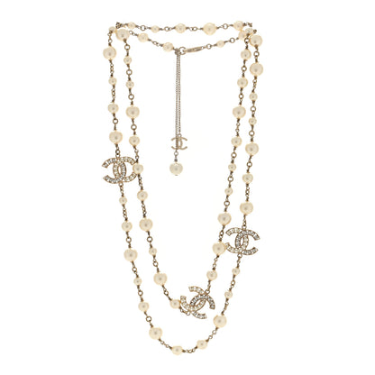Chanel Crystal Pearl CC Long Necklace Light Gold 2 of 4