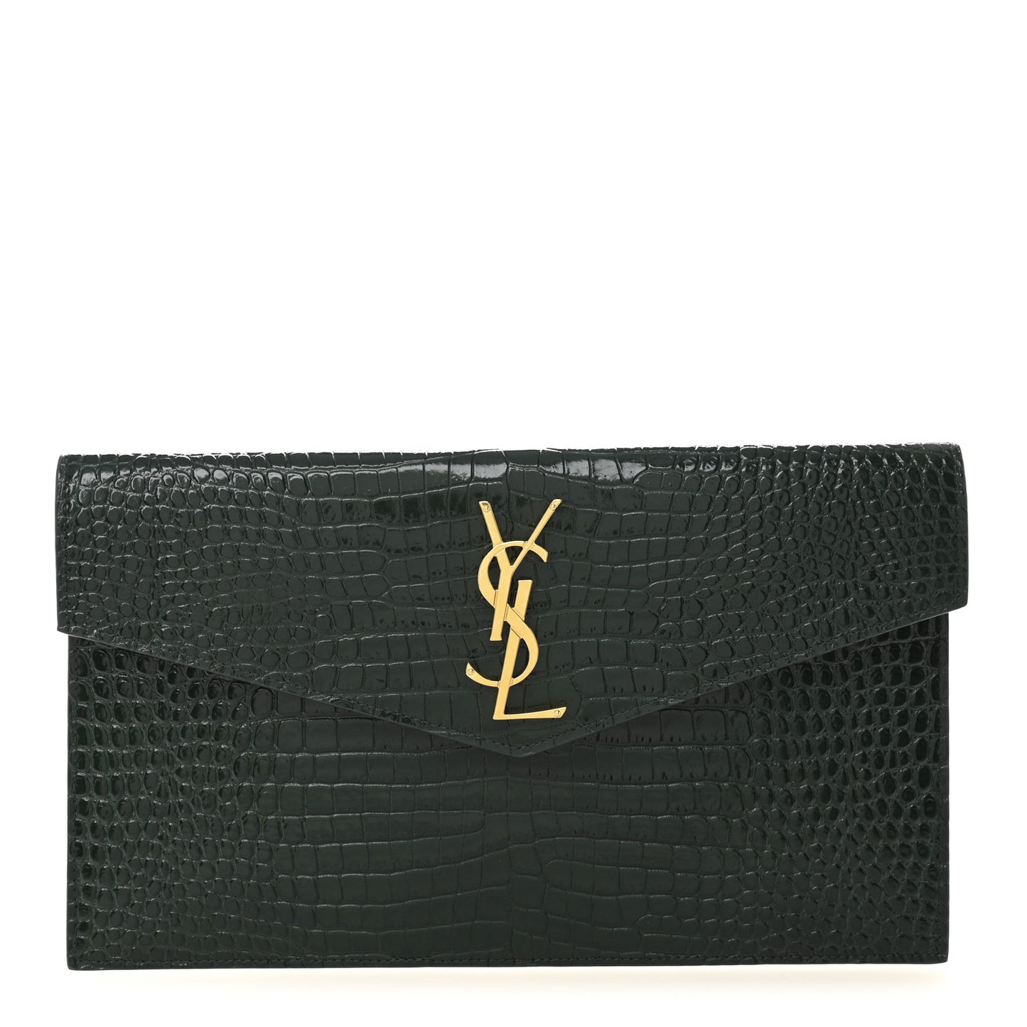 Calfskin Crocodile Embossed Uptown Monogram Clutch Dark Green
