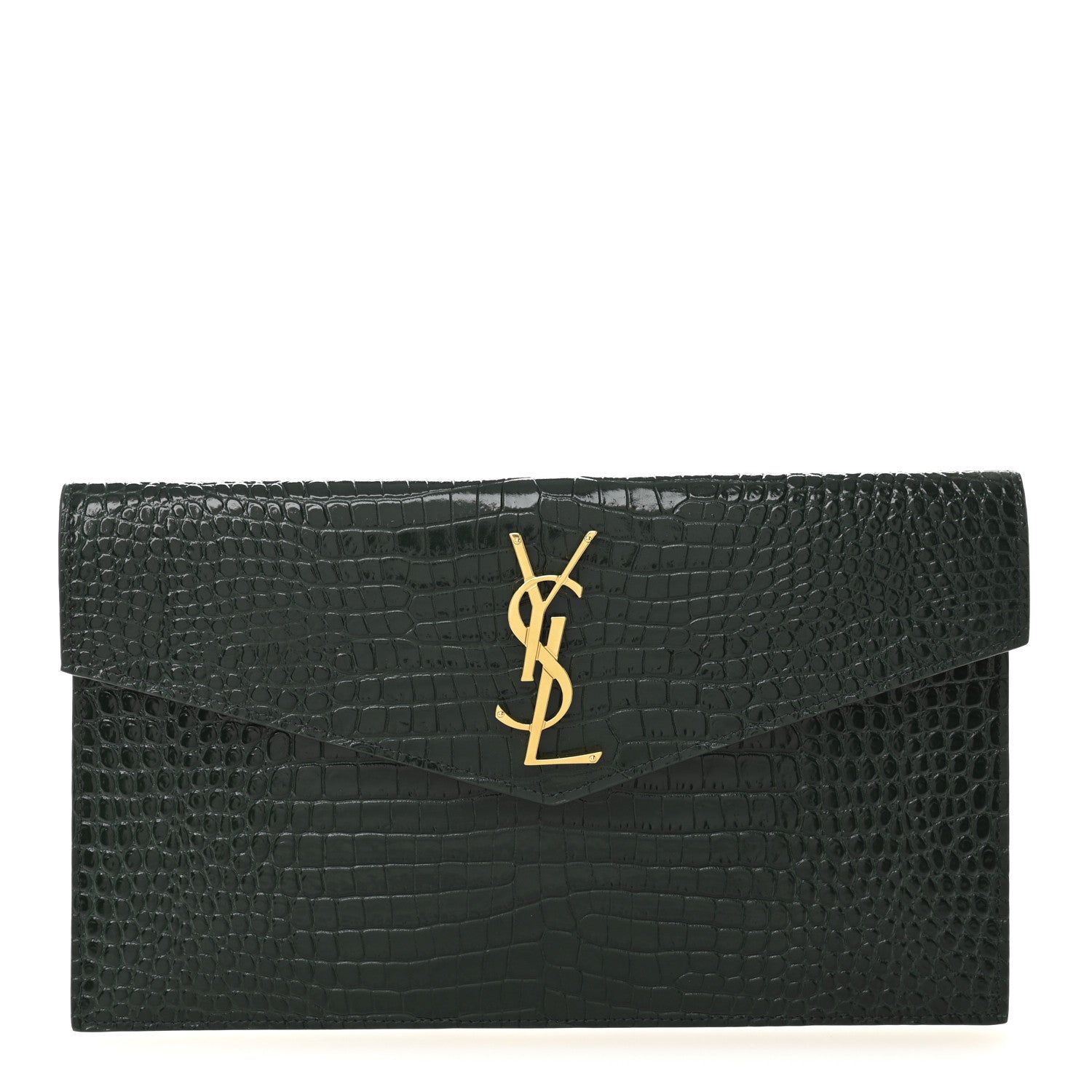 Saint Laurent Calfskin Crocodile Embossed Uptown Monogram Clutch Dark Green 1 of 7