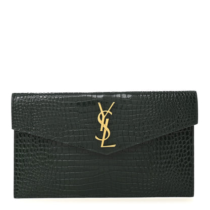 Saint Laurent Calfskin Crocodile Embossed Uptown Monogram Clutch Dark Green 1 of 7