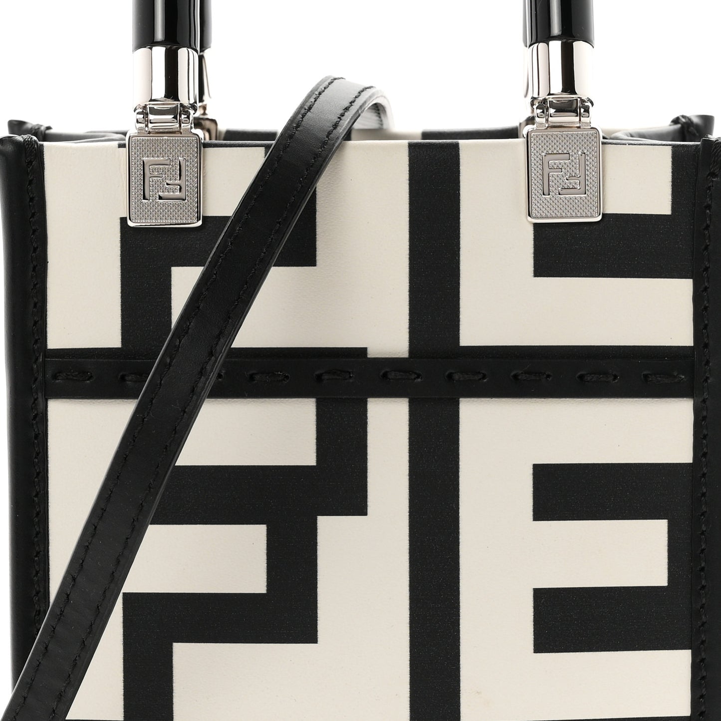 X MARC JACOBS Vitello King Plexiglass Logo Print Mini Fendi Sunshine Shopper Tote Black White