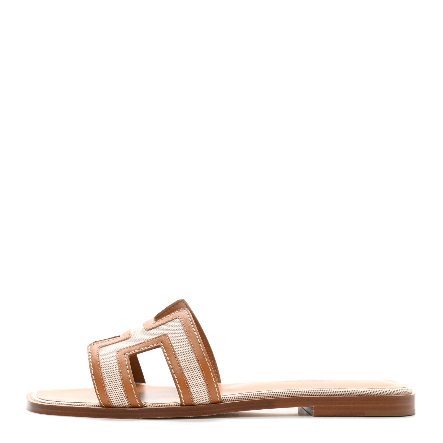 Hermes Calfskin Canvas Oran Sandals 37 Noisette Beige Dore 1 of 9