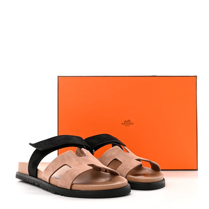 Hermes Suede Goatskin Womens Chypre Sandals 38 Rose Perle Black 9 of 9