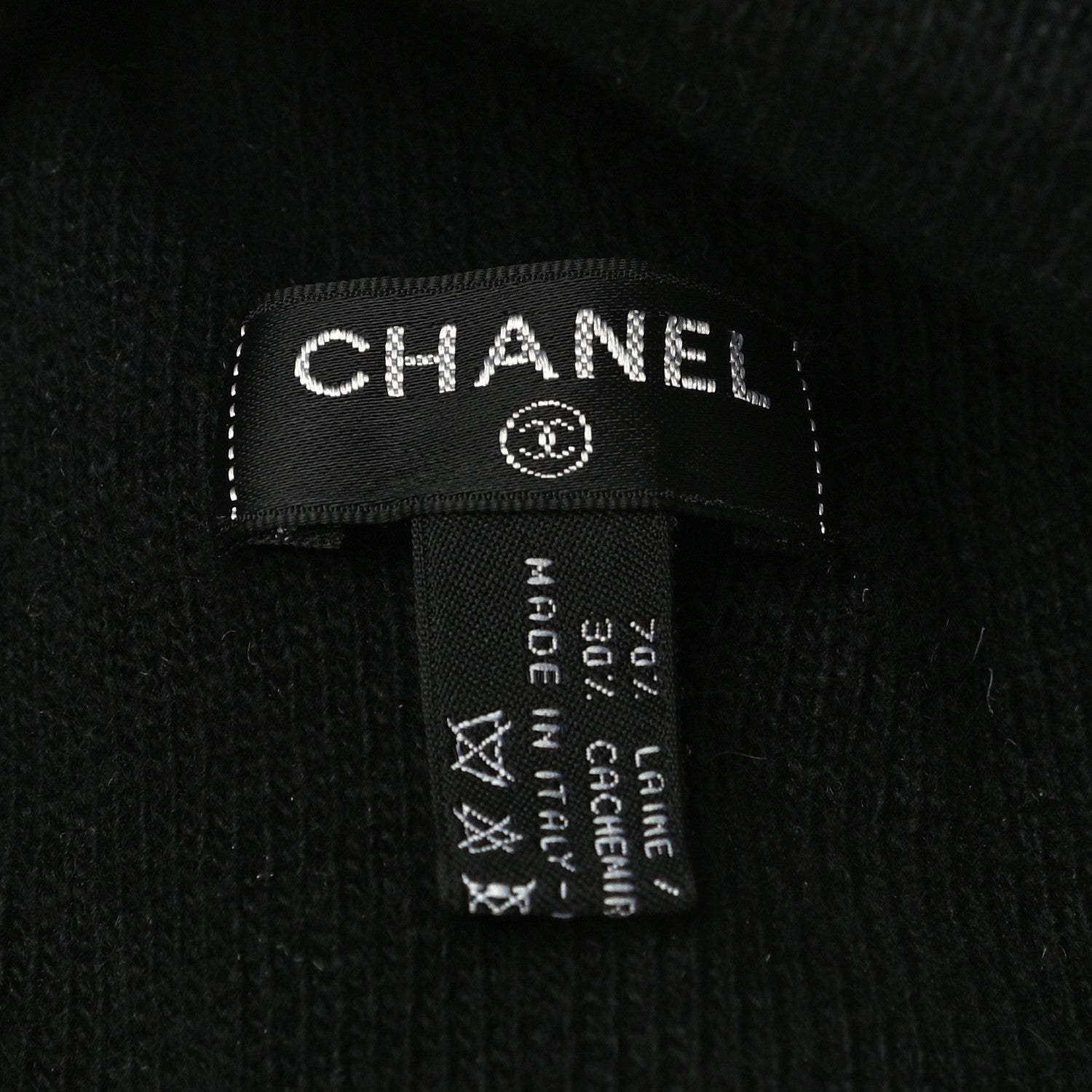 Chanel Wool Cashmere Logo Beanie Hat Black Light Grey 5 of 7
