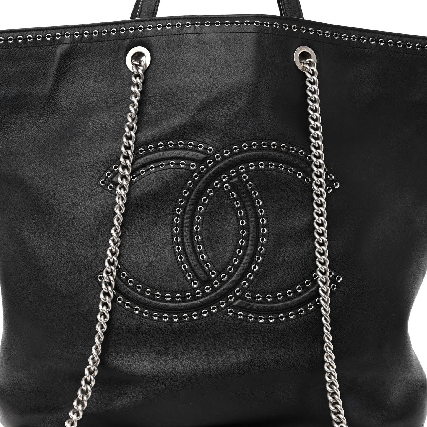 Grained Calfskin Large Coco Eyelets Shopping Tote Black