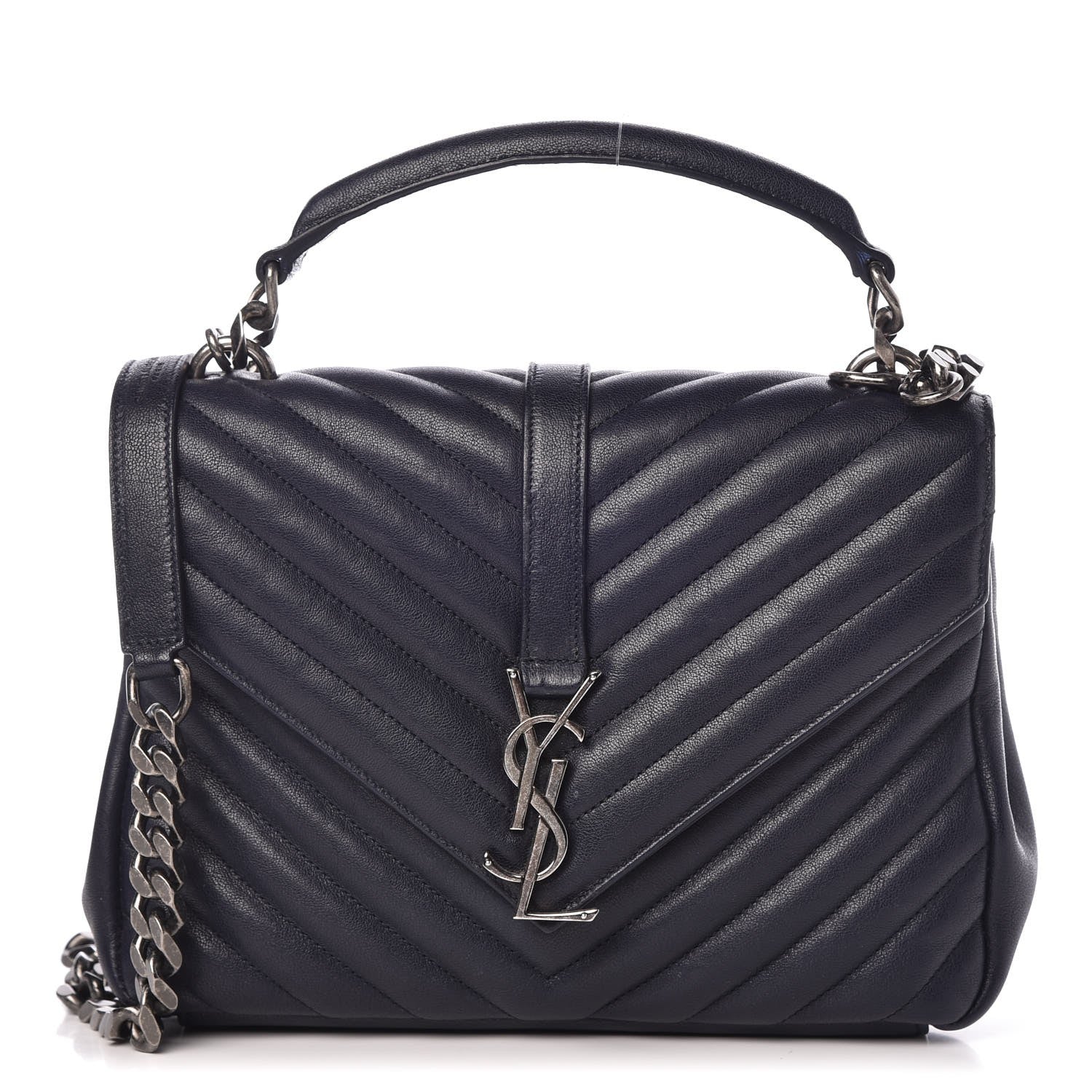 Saint Laurent Sheepskin Matelasse Chevron Monogram Medium College Bag Deep Marine 1 of 27