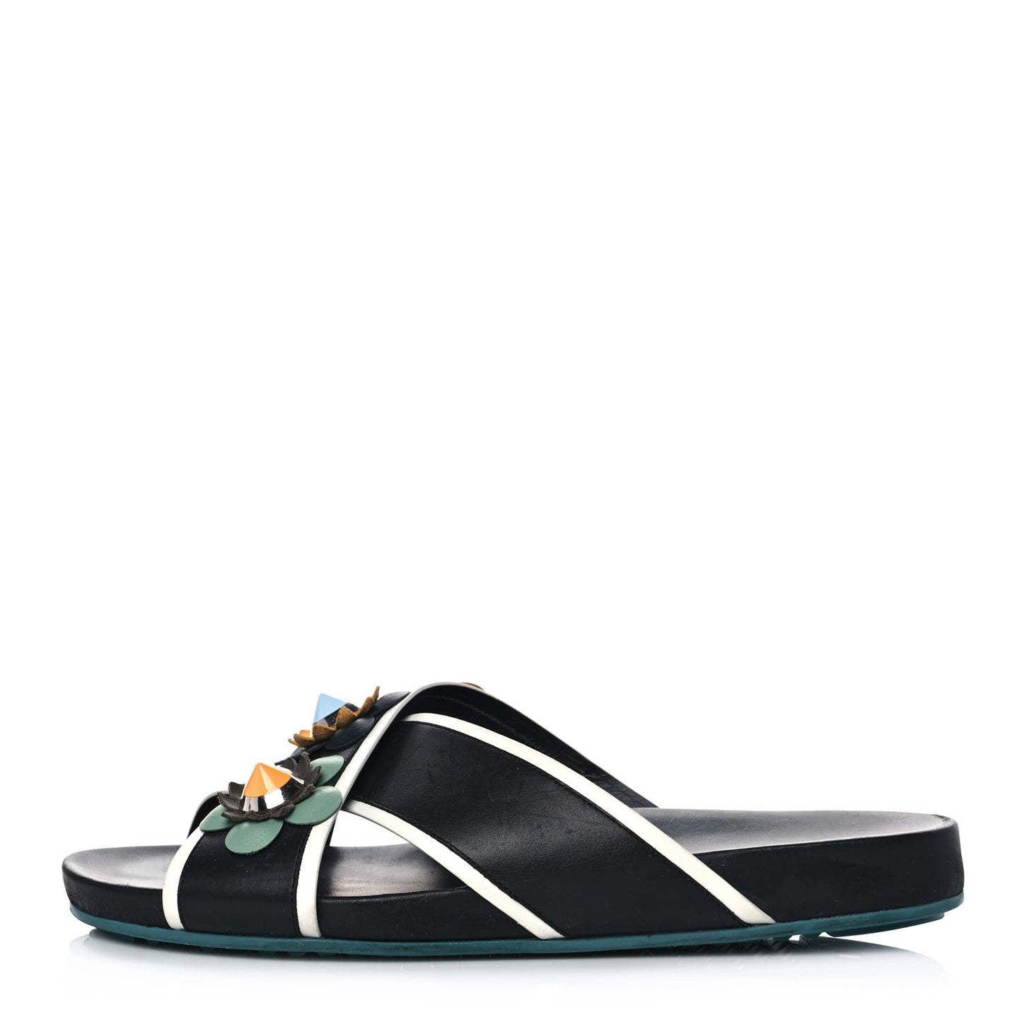 Calfskin Flowerland Studded Slide Sandals 40.5 Multicolor
