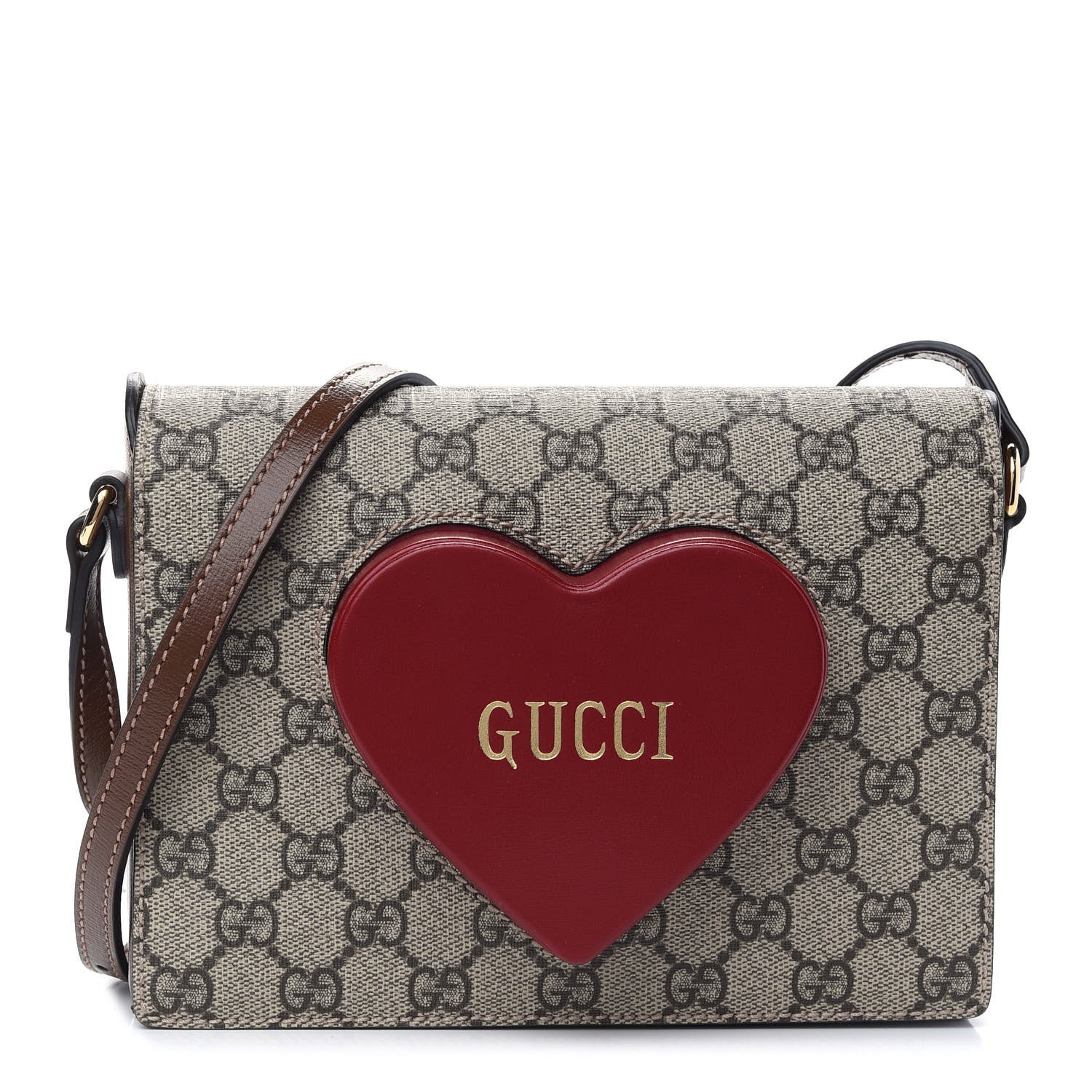 Gucci GG Supreme Monogram Script Logo Heart Crossbody Bag Beige Brown 1 of 11