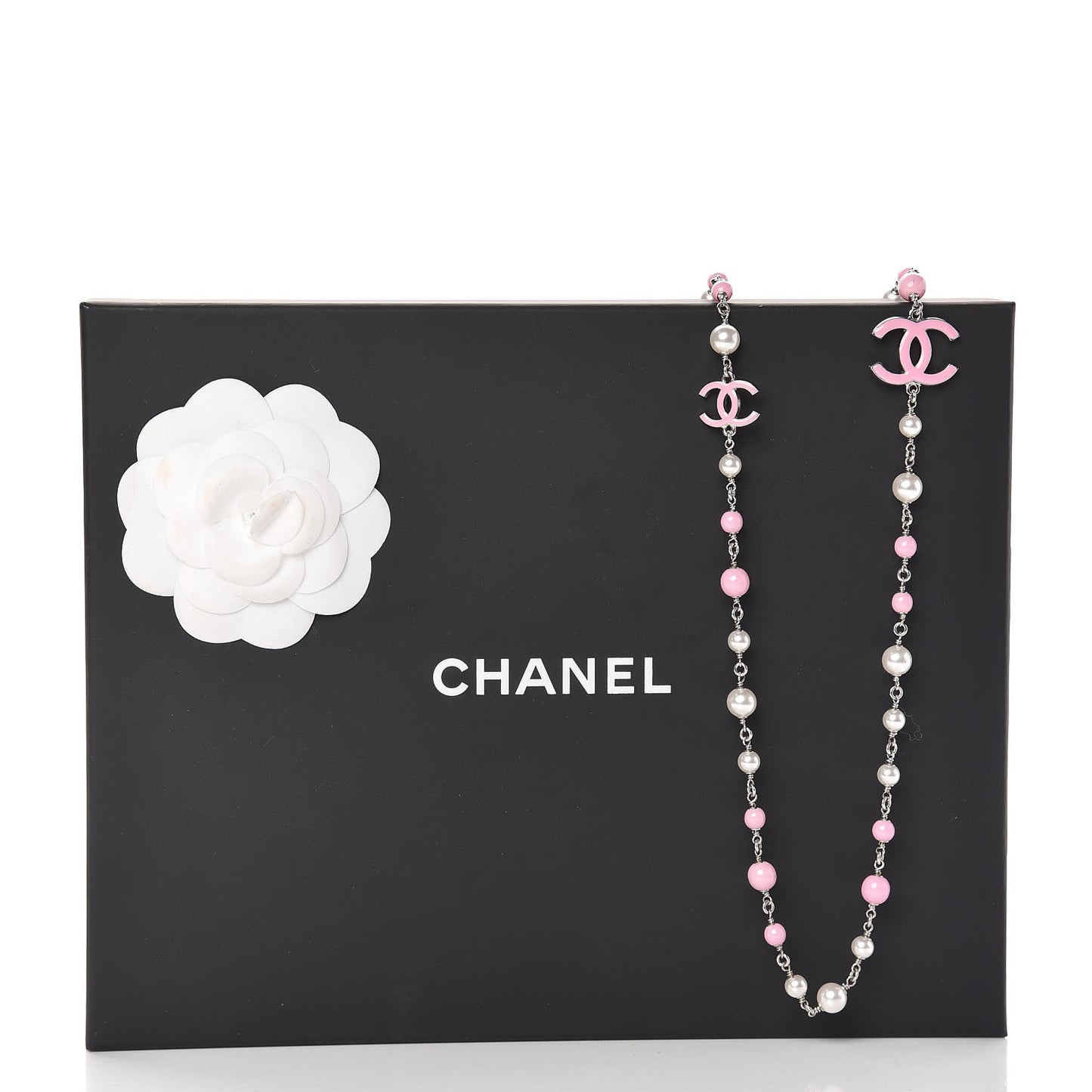 Pearl Beaded Enamel CC Long Necklace Silver Pink