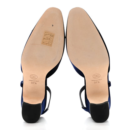 Chanel Velour Grosgrain Cap Toe CC Slingback Pumps 37.5 Blue Black 5 of 10