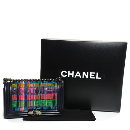 Chanel Tweed Lambskin Woven Medium Boy Flap Navy Blue 5 of 9