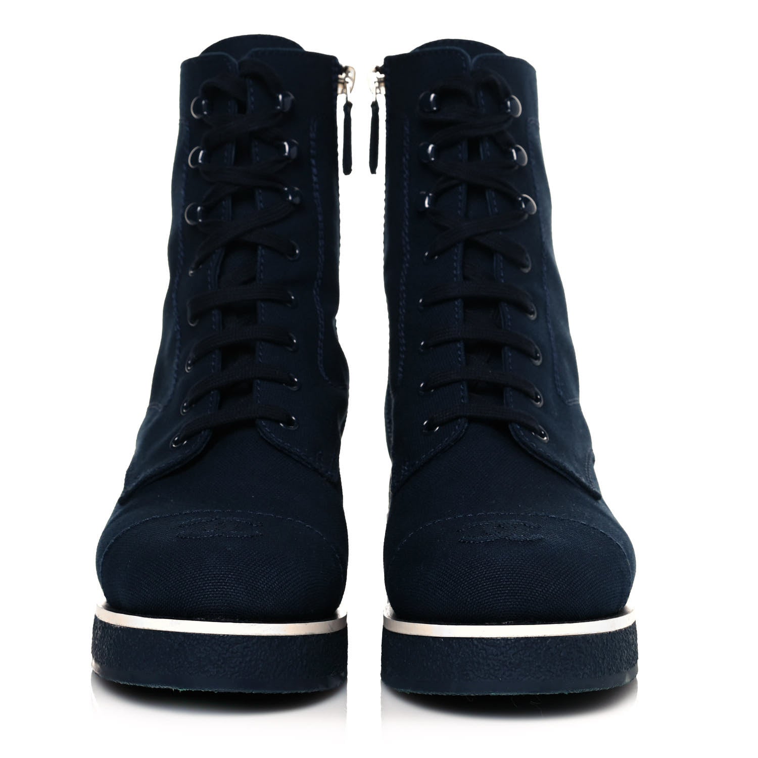 Chanel Fabric Lace Up Combat Boots 40 Navy Blue 2 of 8