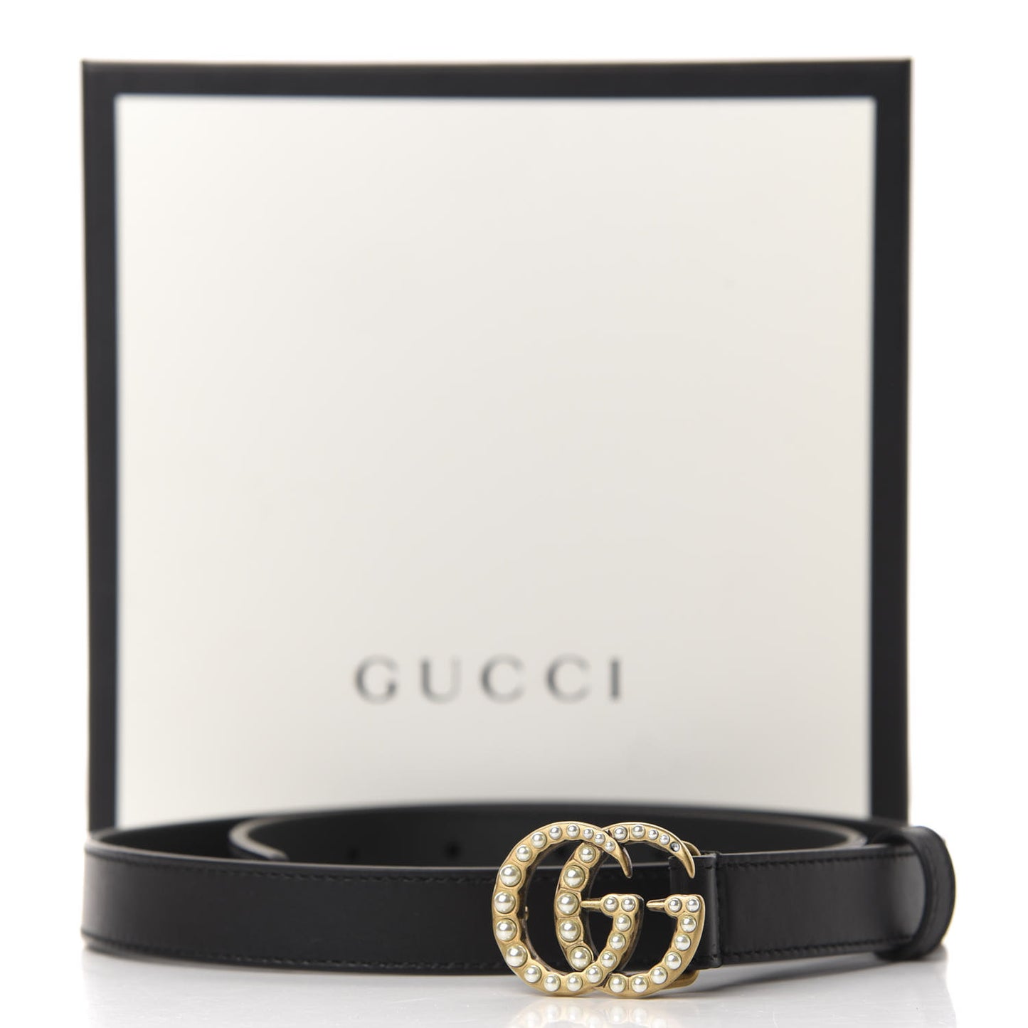 Moon Calfskin Pearl Double G 20mm Belt 80 32 Black Cream