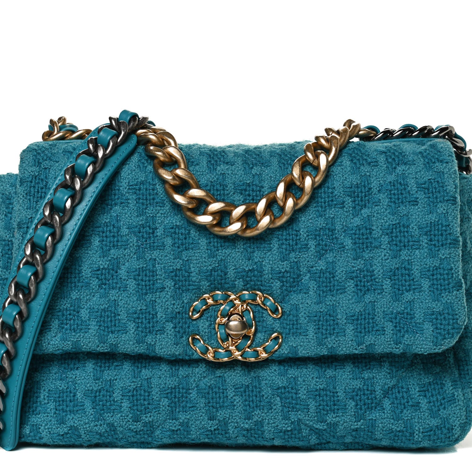 Chanel Tweed Quilted Medium Chanel 19 Flap Turquoise 8 of 12