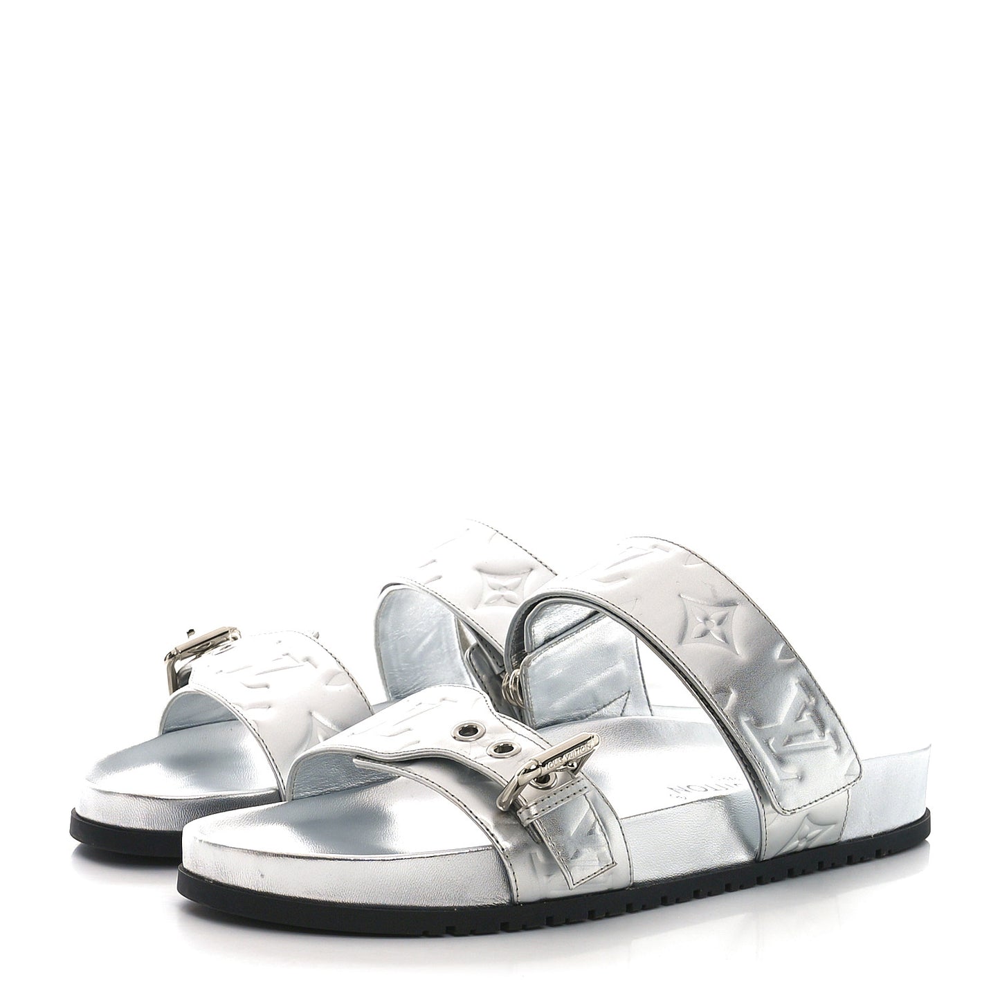 Metallic Calfskin Monogram Embossed Bom Dia Flat Mule Sandals 39 Silver