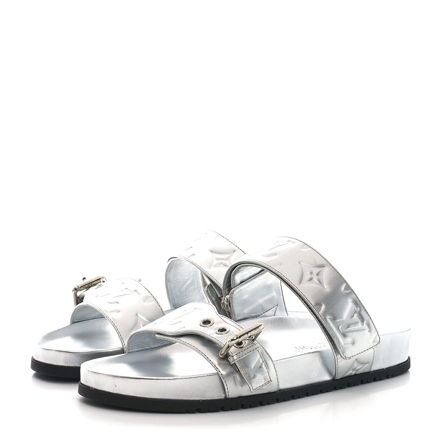 Louis Vuitton Metallic Calfskin Monogram Embossed Bom Dia Flat Mule Sandals 39 Silver 3 of 8