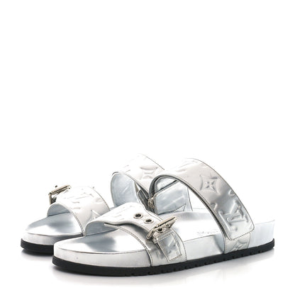 Louis Vuitton Metallic Calfskin Monogram Embossed Bom Dia Flat Mule Sandals 39 Silver 3 of 8