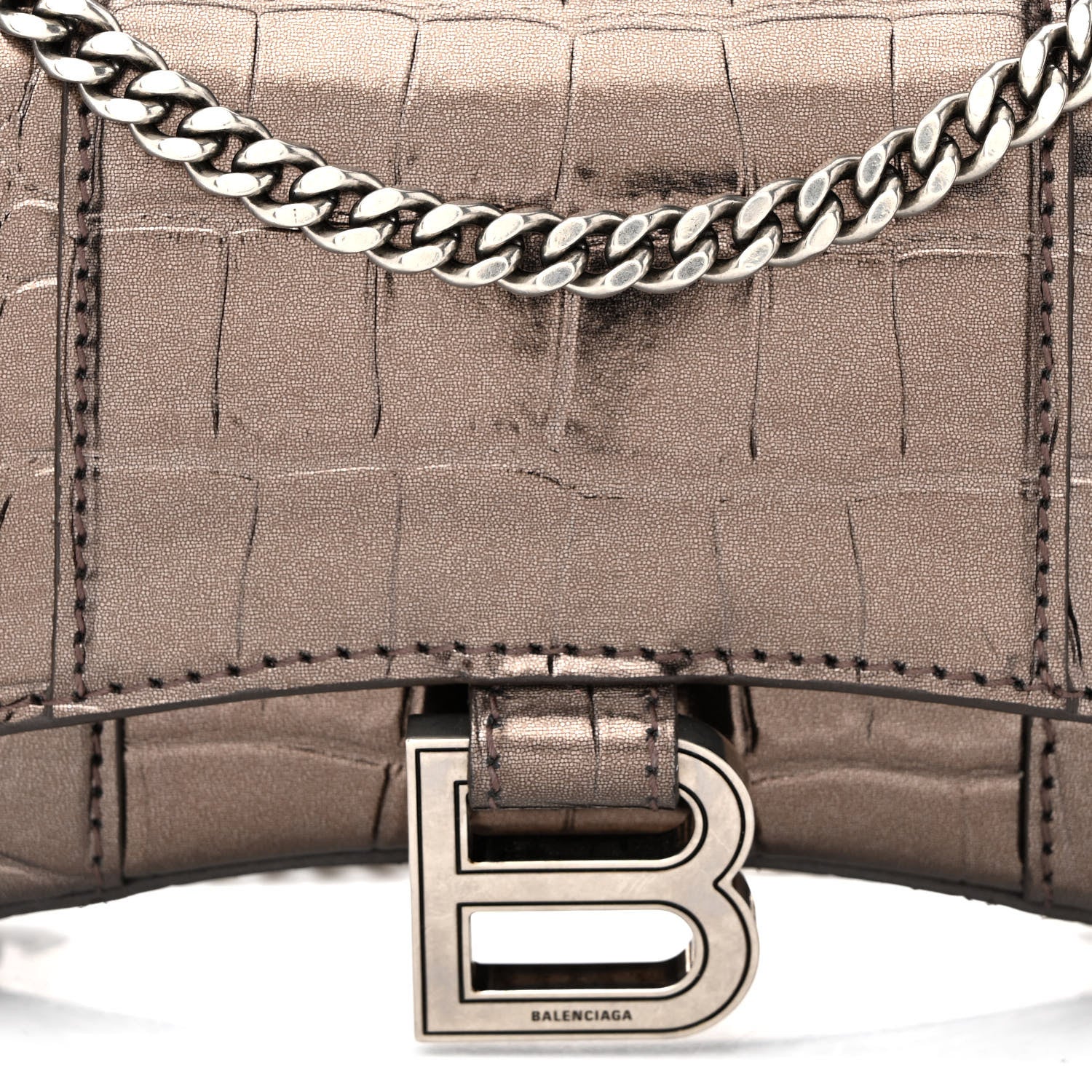 Balenciaga Shiny Metallic Calfskin Crocodile Embossed Hourglass Chain Bag Dark Bronze 7 of 10
