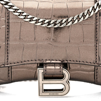 Balenciaga Shiny Metallic Calfskin Crocodile Embossed Hourglass Chain Bag Dark Bronze 7 of 10