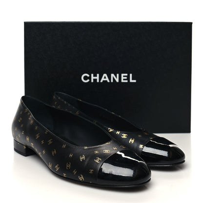 Chanel Lambskin Patent Calfskin Printed CC Cap Toe Ballerina Flats 39.5 Black Gold 9 of 9