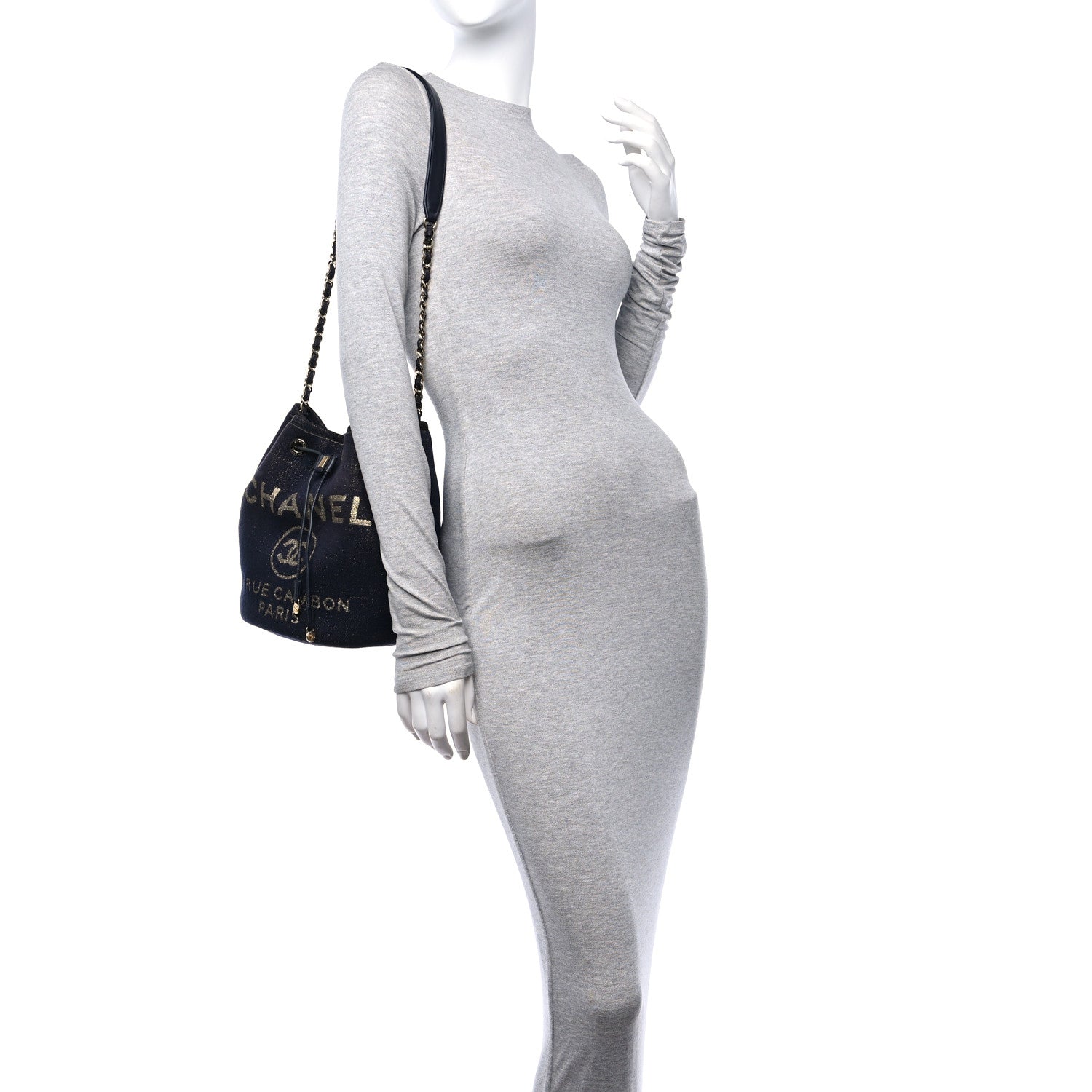 Chanel Lurex Canvas Deauville Drawstring Bucket Bag Navy Blue Gold 2 of 10