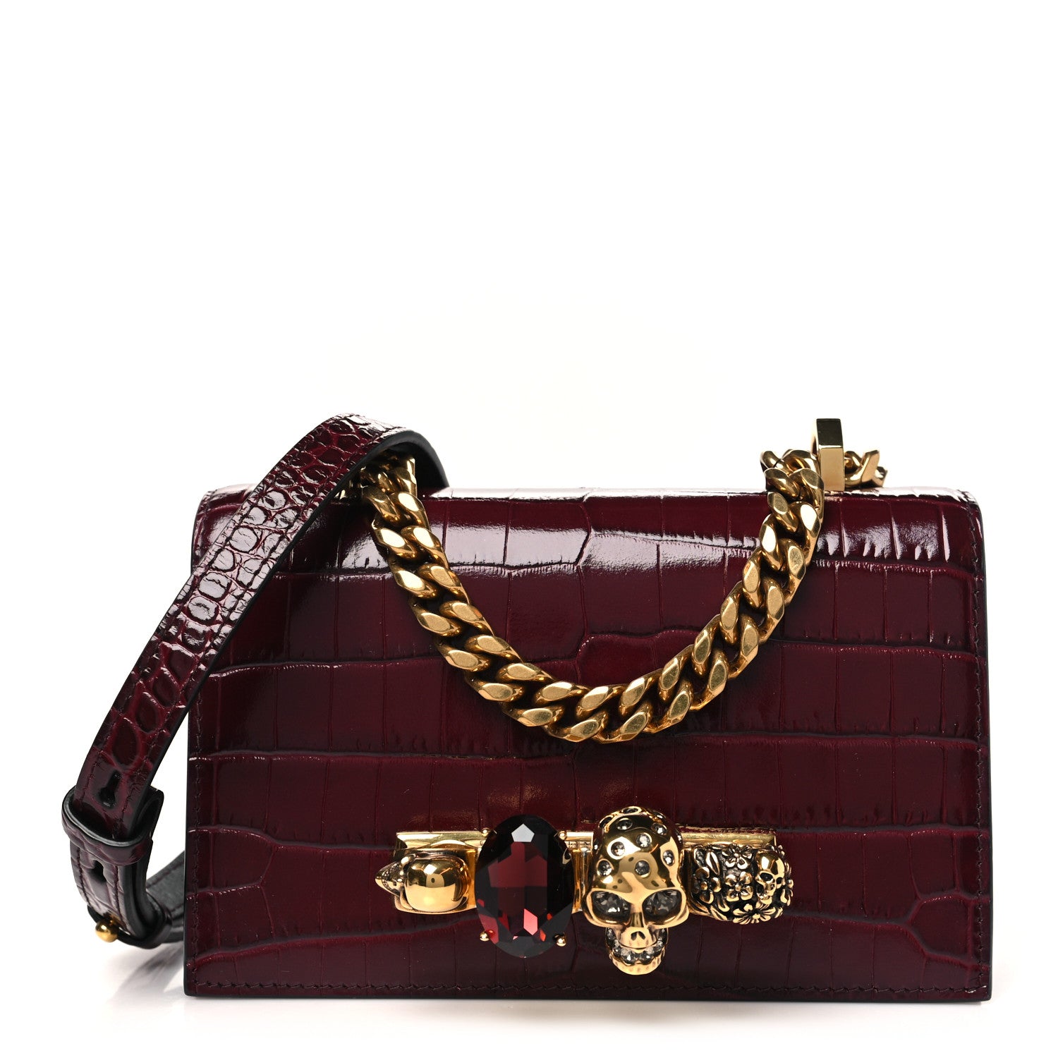 Alexander McQueen Shiny Crocodile Embossed Jeweled Satchel Madder 1 of 10