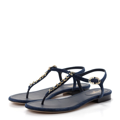Chanel Suede Calfskin Thong Sandals 38.5 Navy Blue 3 of 10