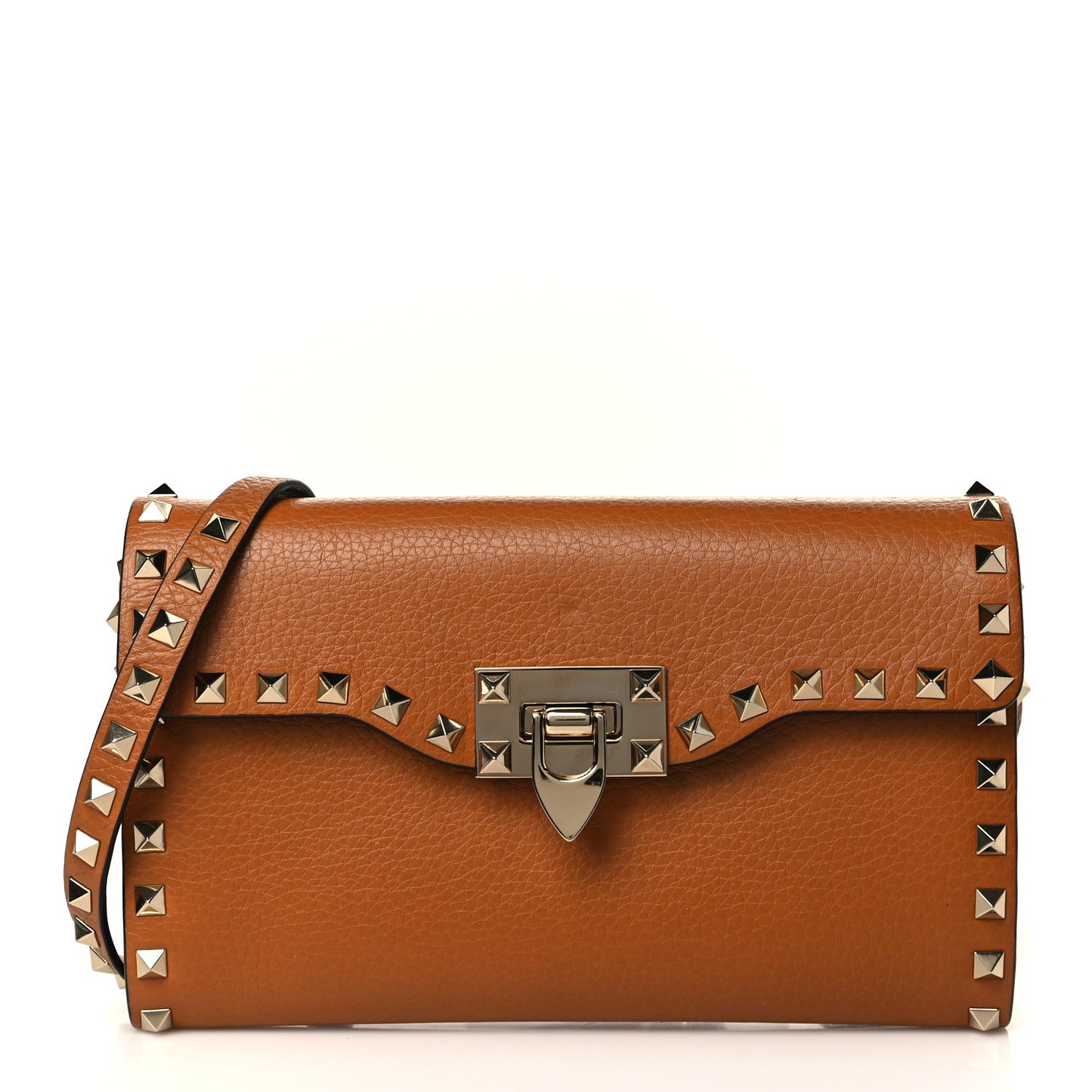 Pebbled Calfskin Medium Rockstud Flip Lock Crossbody Bag Bright Cognac