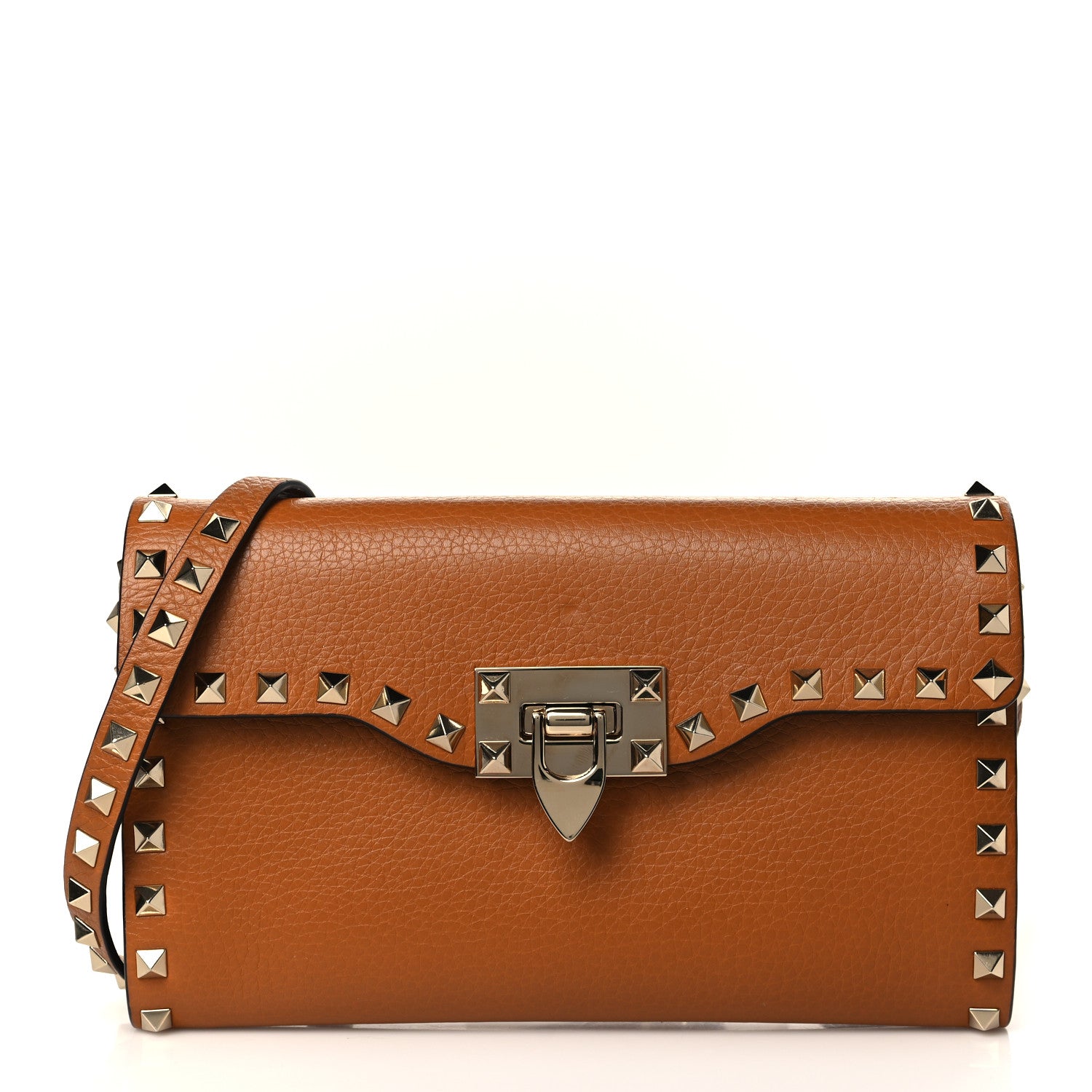 Valentino Garavani Pebbled Calfskin Medium Rockstud Flip Lock Crossbody Bag Bright Cognac 1 of 8