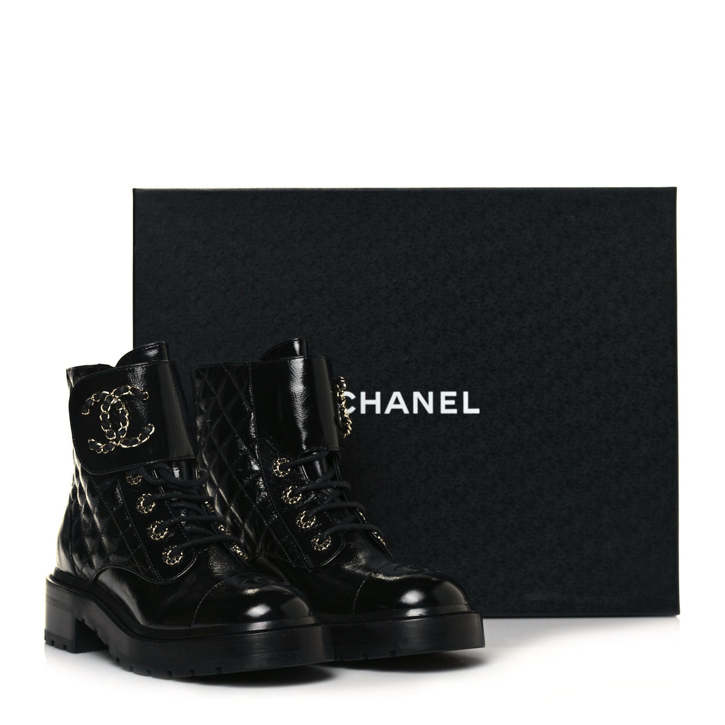 Shiny Calfskin Quilted Lace Up Combat Boots 36.5 Black