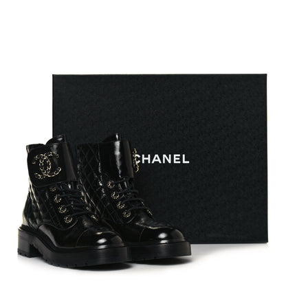 Chanel Shiny Calfskin Quilted Lace Up Combat Boots 36.5 Black 11 of 11