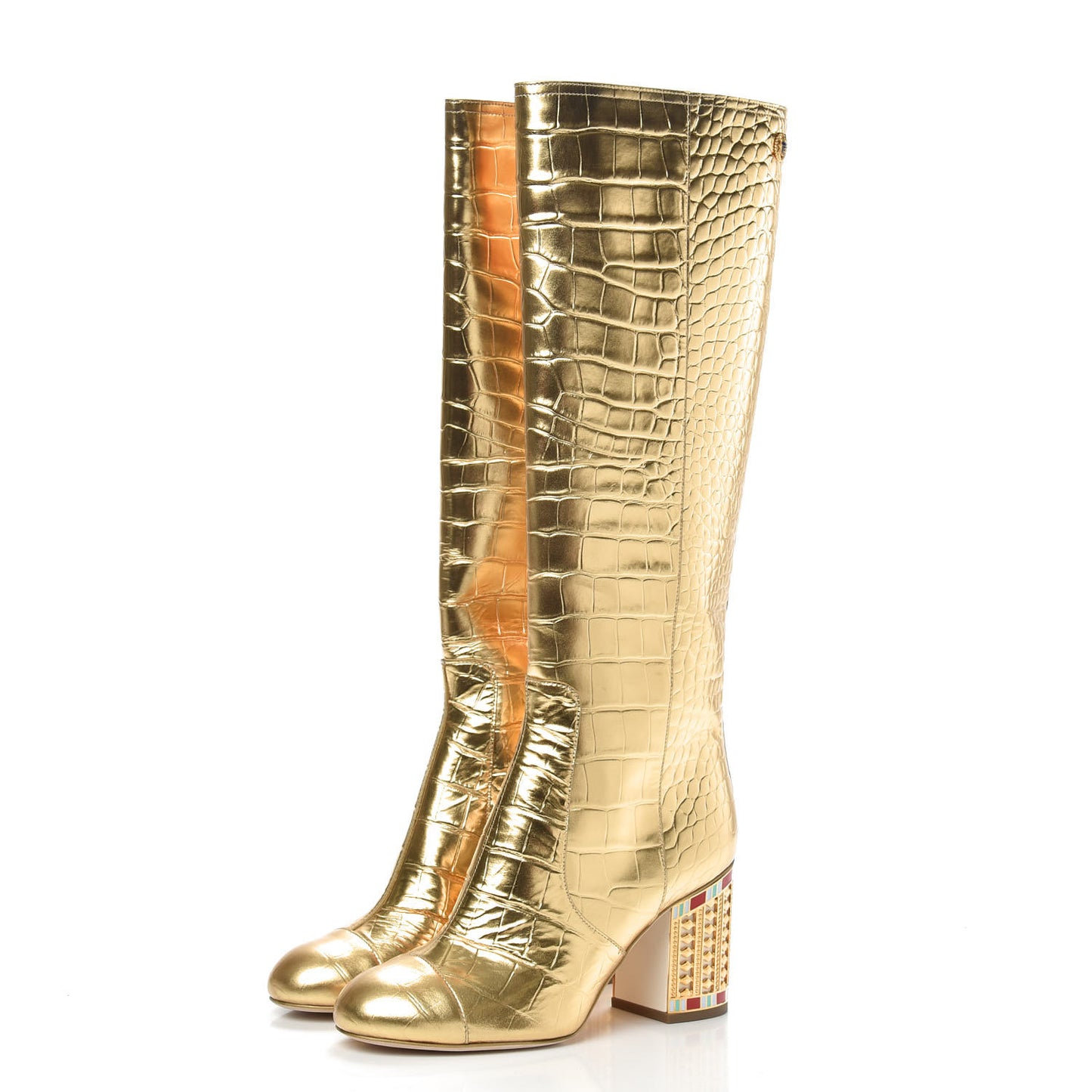 Calfskin Crocodile Embossed Cap Toe High Boots 37 Gold