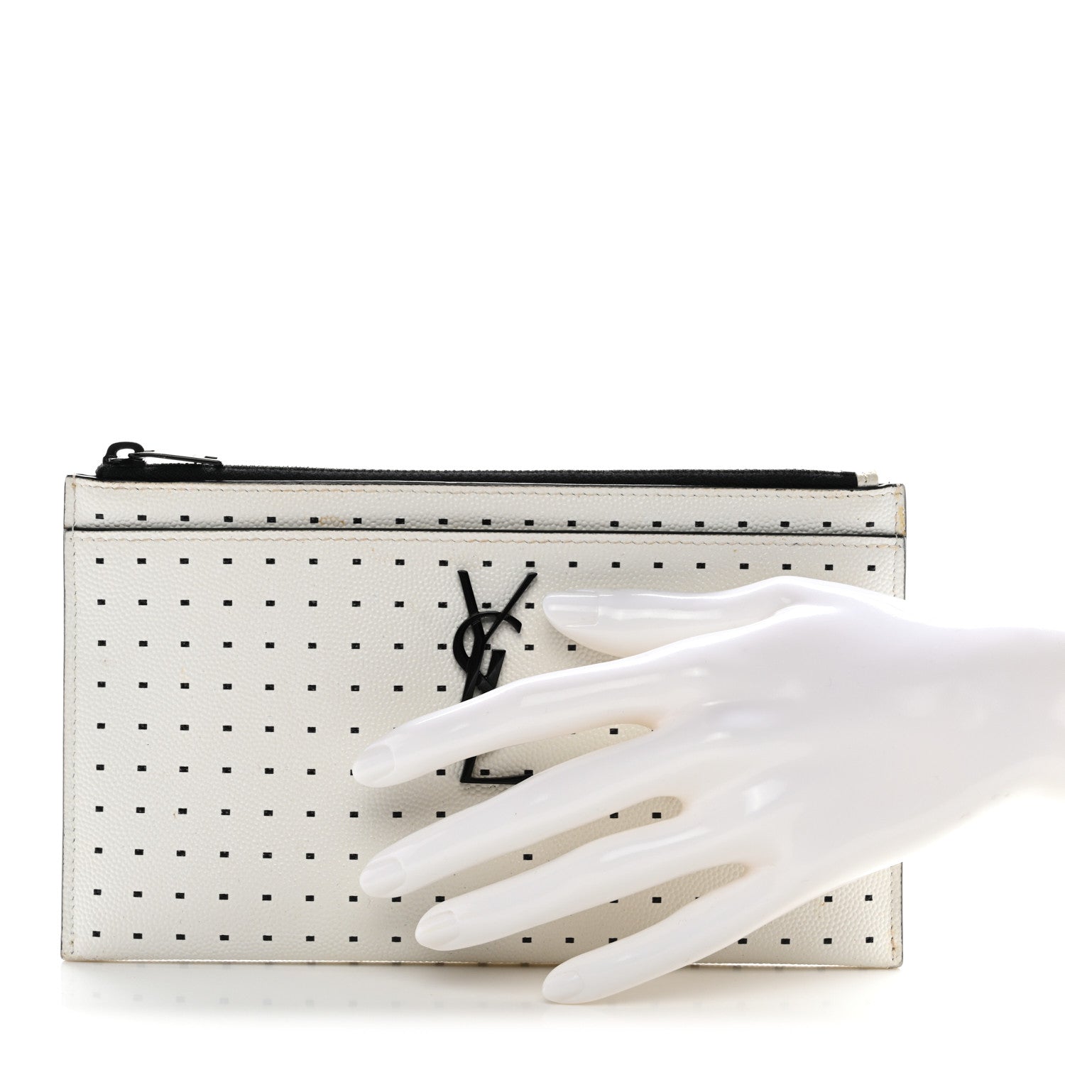 Saint Laurent Grain De Poudre Square Dot Monogram Bill Pouch White Black 2 of 8