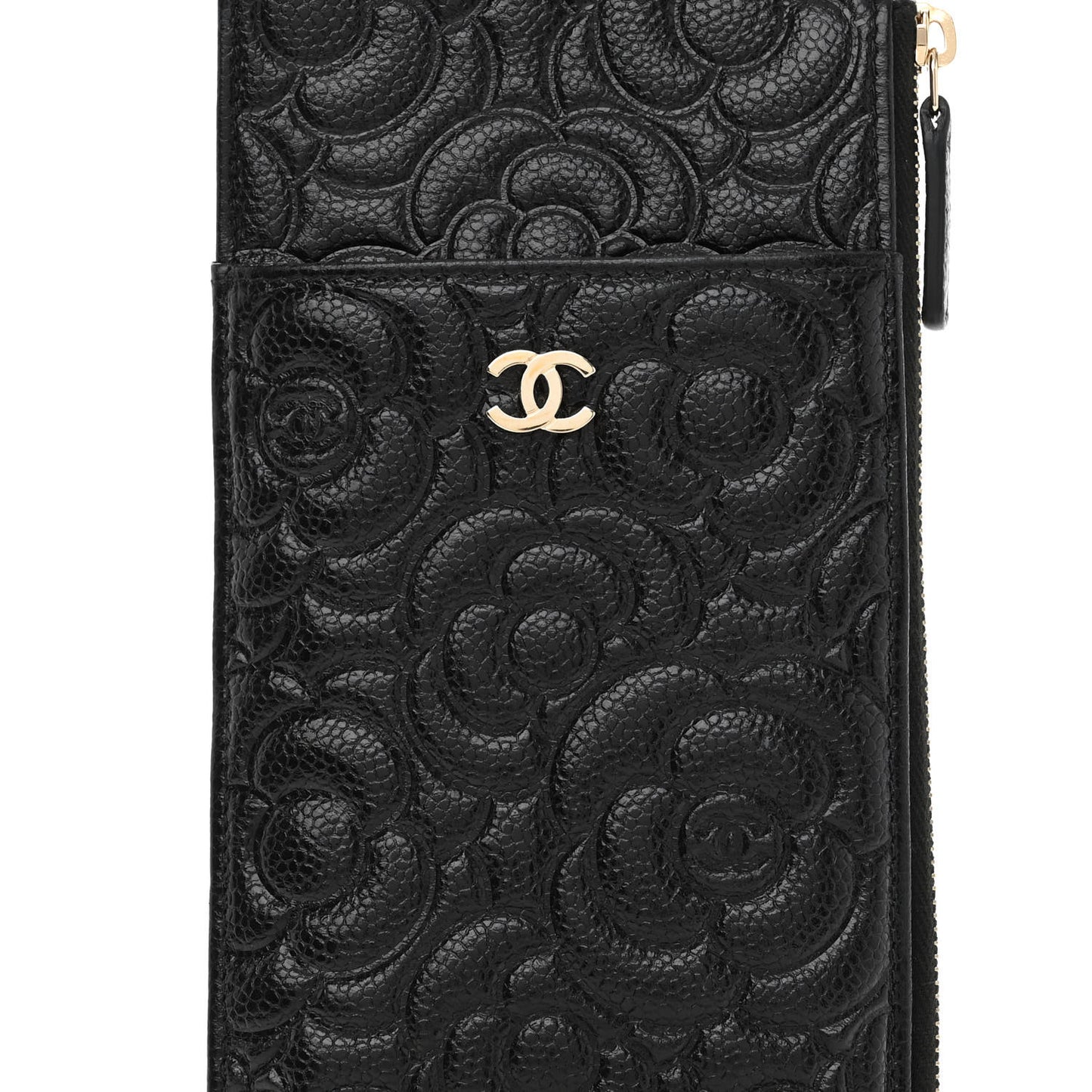 Caviar Camellia Embossed Classic Flat Wallet Pouch Black