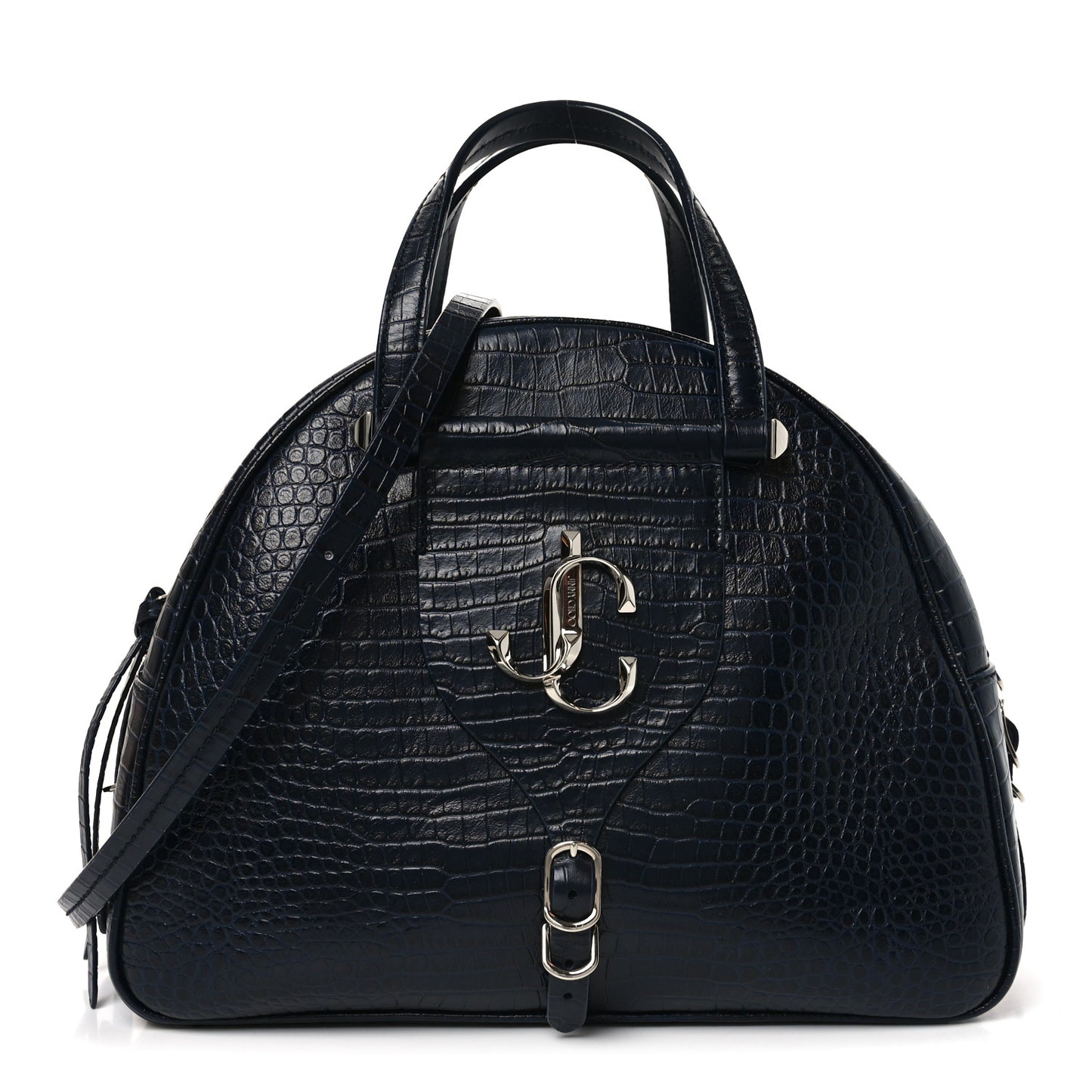 Calfskin Crocodile Embossed Small Varenne Bowling Bag Navy