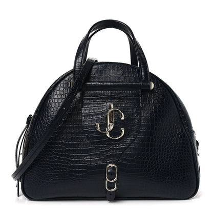 Jimmy Choo Calfskin Crocodile Embossed Small Varenne Bowling Bag Navy 1 of 9