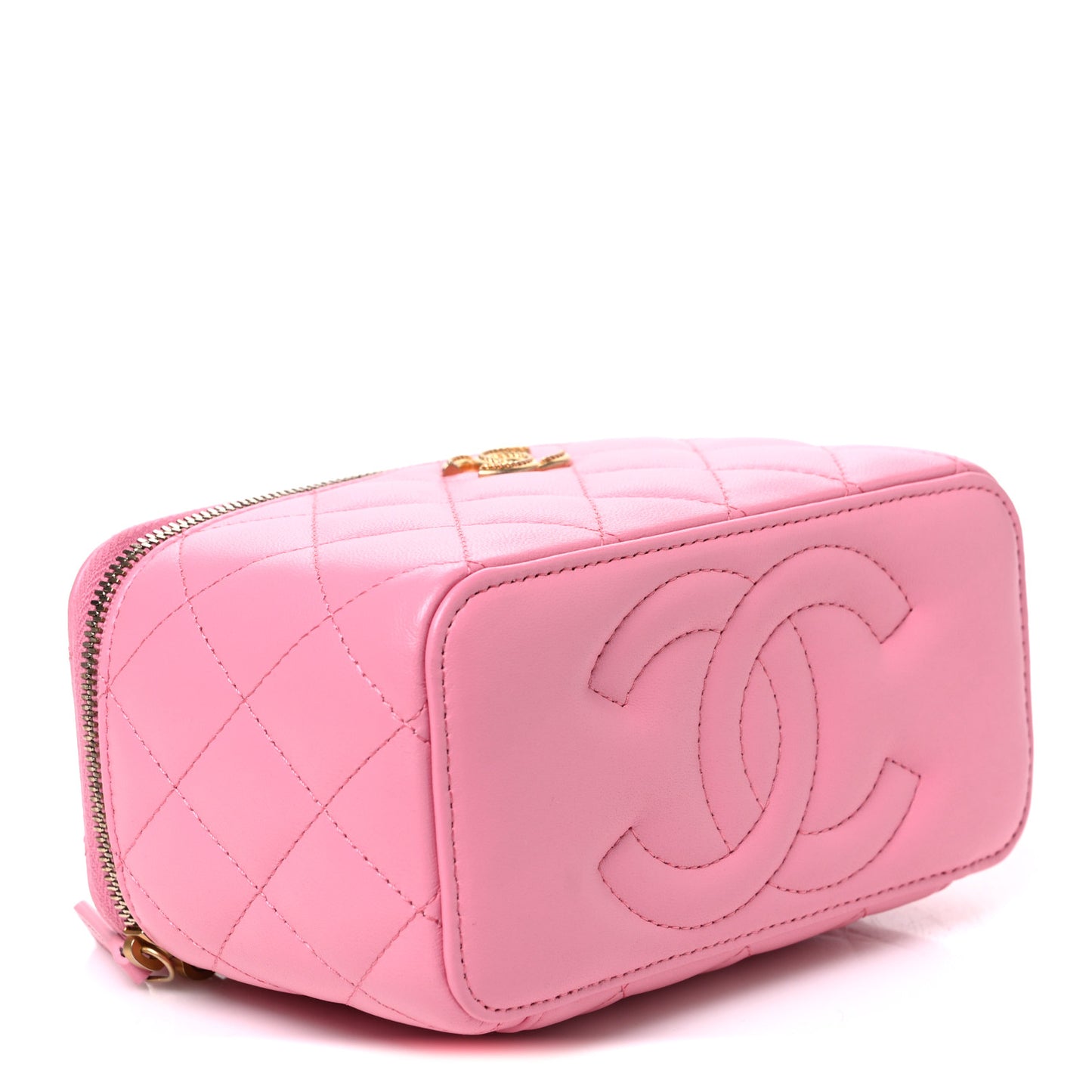 Lambskin Quilted Metal Twist Small Top Handle Vanity Case With Chain Pink
