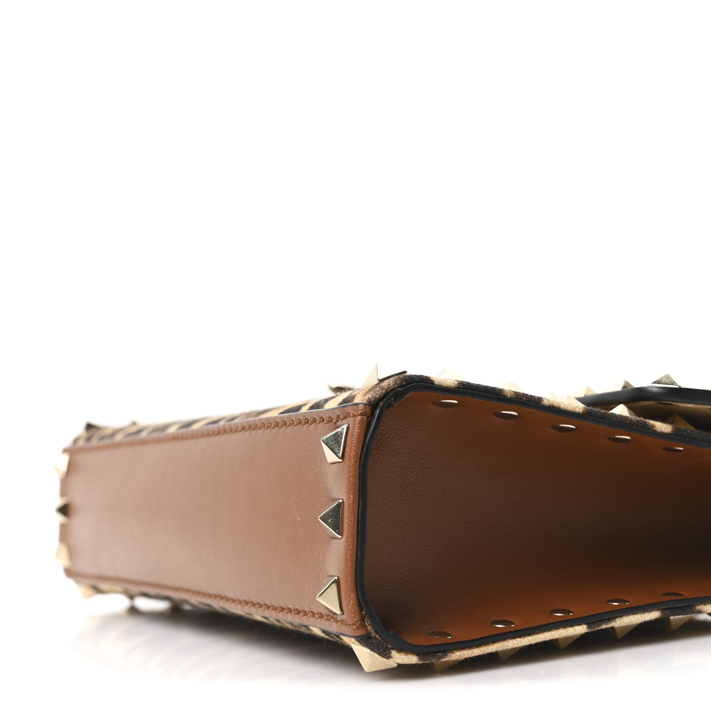 Calfskin Canvas Leopard Print Medium Rockstud Flip Lock Crossbody Bag Tan